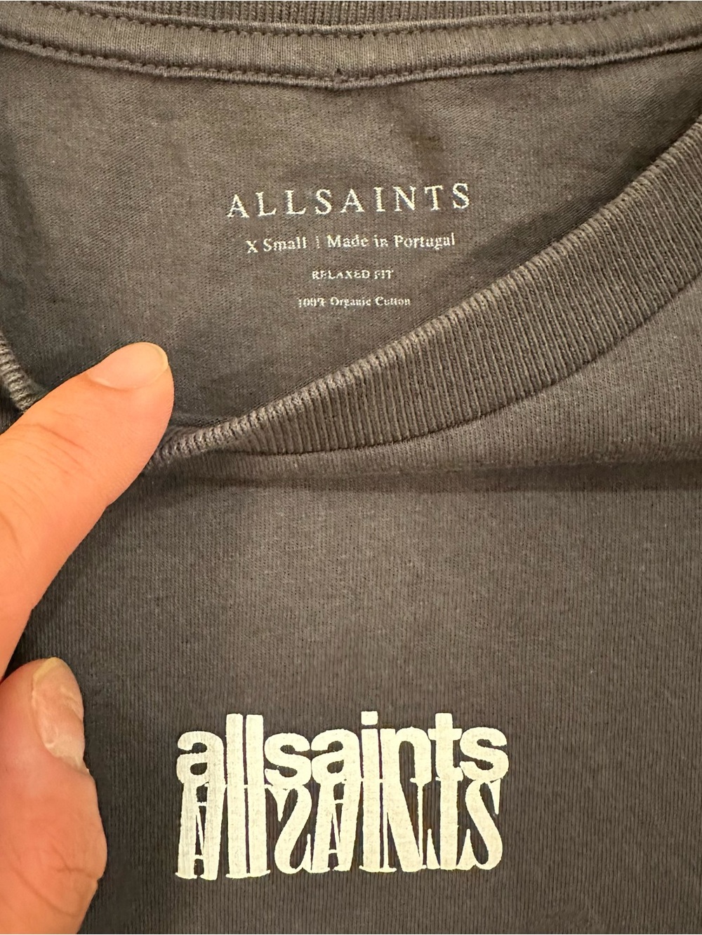 All Saints Dark Gray Short Sleeve Tee with Center White Chest Logo Men’s XS - Picture 3 of 6